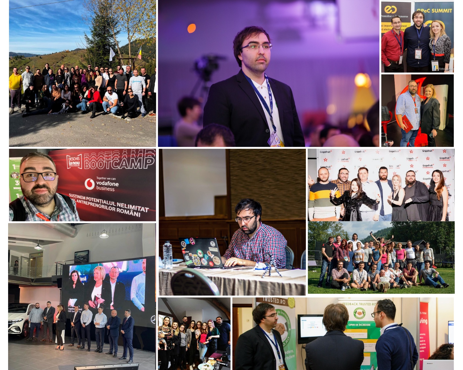 A collage of Lucian Rotaru over the years, with colleagues, at conferences and working on digital projects.